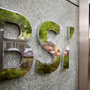 The logo of Swiss bank BSI is seen at a branch office in Zurich