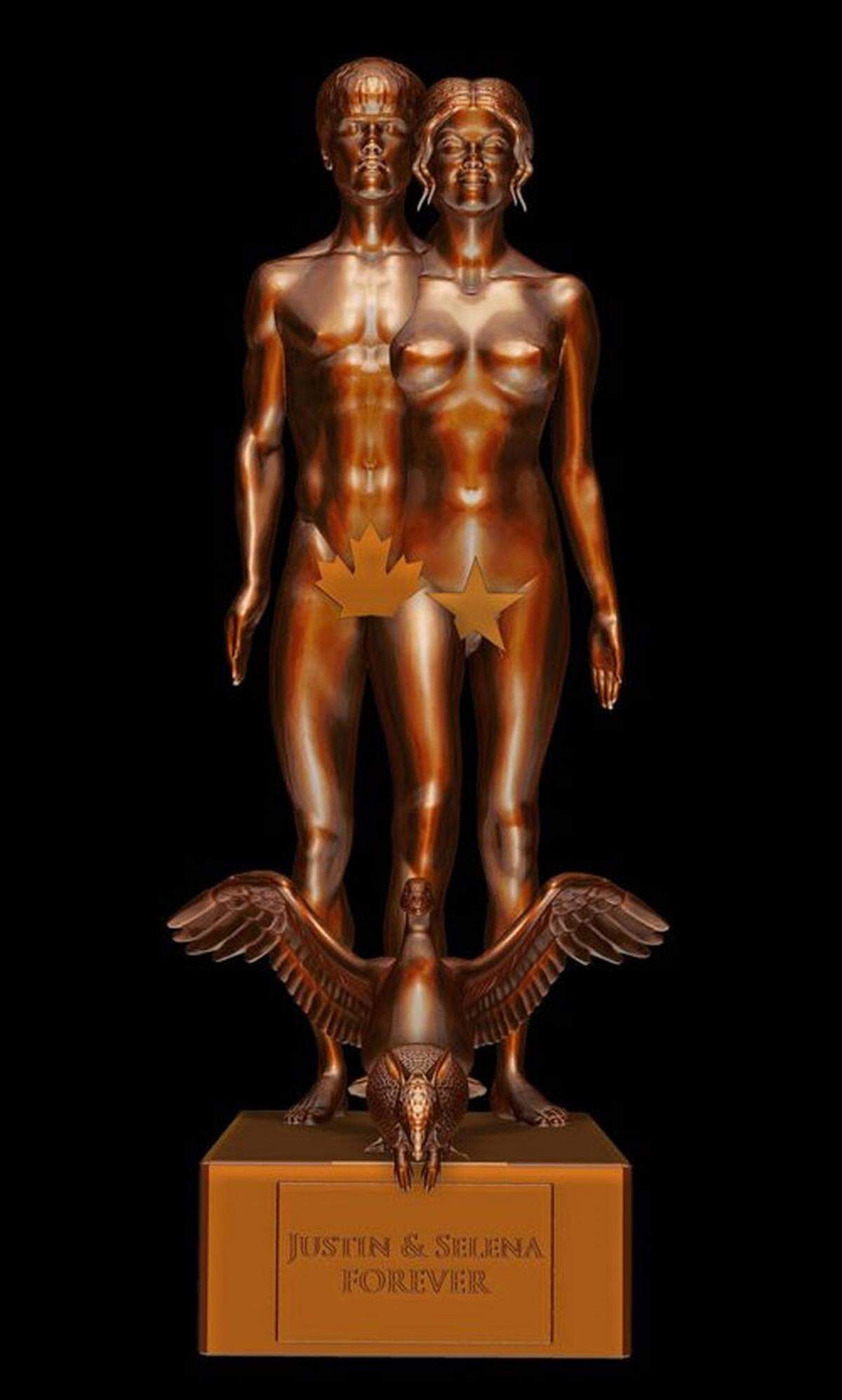 Der US-Bildhauer Daniel Edwards wählt als Vorlage für seine Skulpturen gerne medienstarke Prominente. Diese Woche enthüllte Edwards sein jüngstes Werk: Justin Bieber und Selena Gomez als ineinander verschmolzenes Adam-und-Eva-Paar in Bronze.