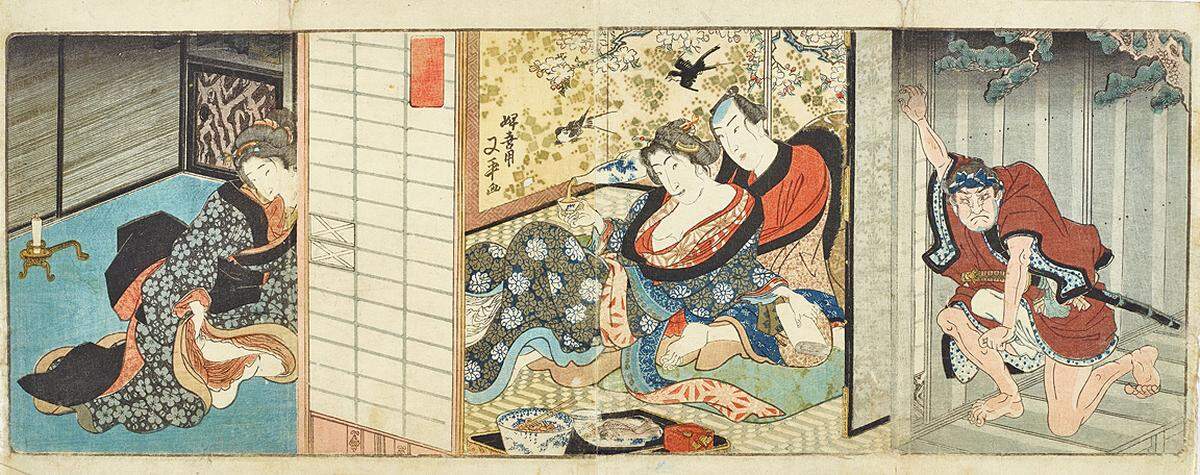 "Shunga - Erotische Kunst aus Japan", MAK, 12. Oktober bis 29. Jänner, Di 10−22 Uhr, Mi−So 10−18 Uhr. Utagawa Kunisada (1786–1865, zugeschrieben), Belauschtes Liebespaar, um 1830/40. Farbholzschnitt