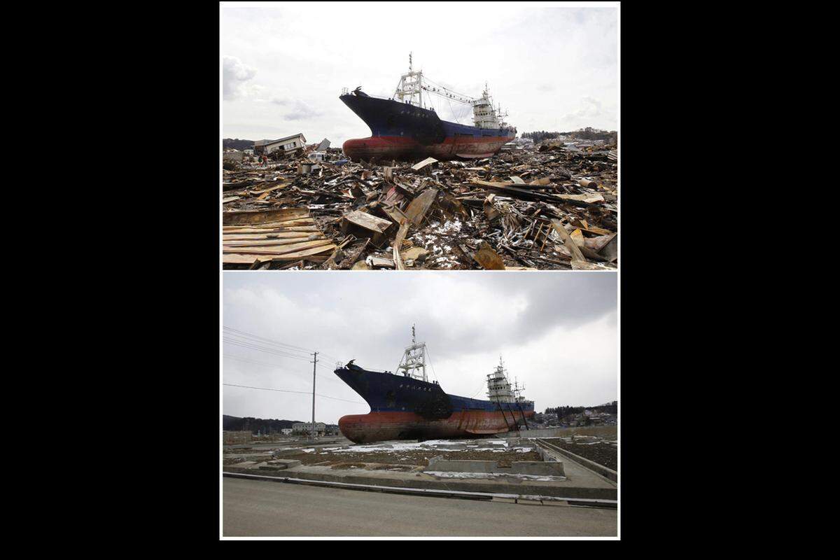 Kesennuma am 17. März 2011 (oben) und am 19. Februar 2012.