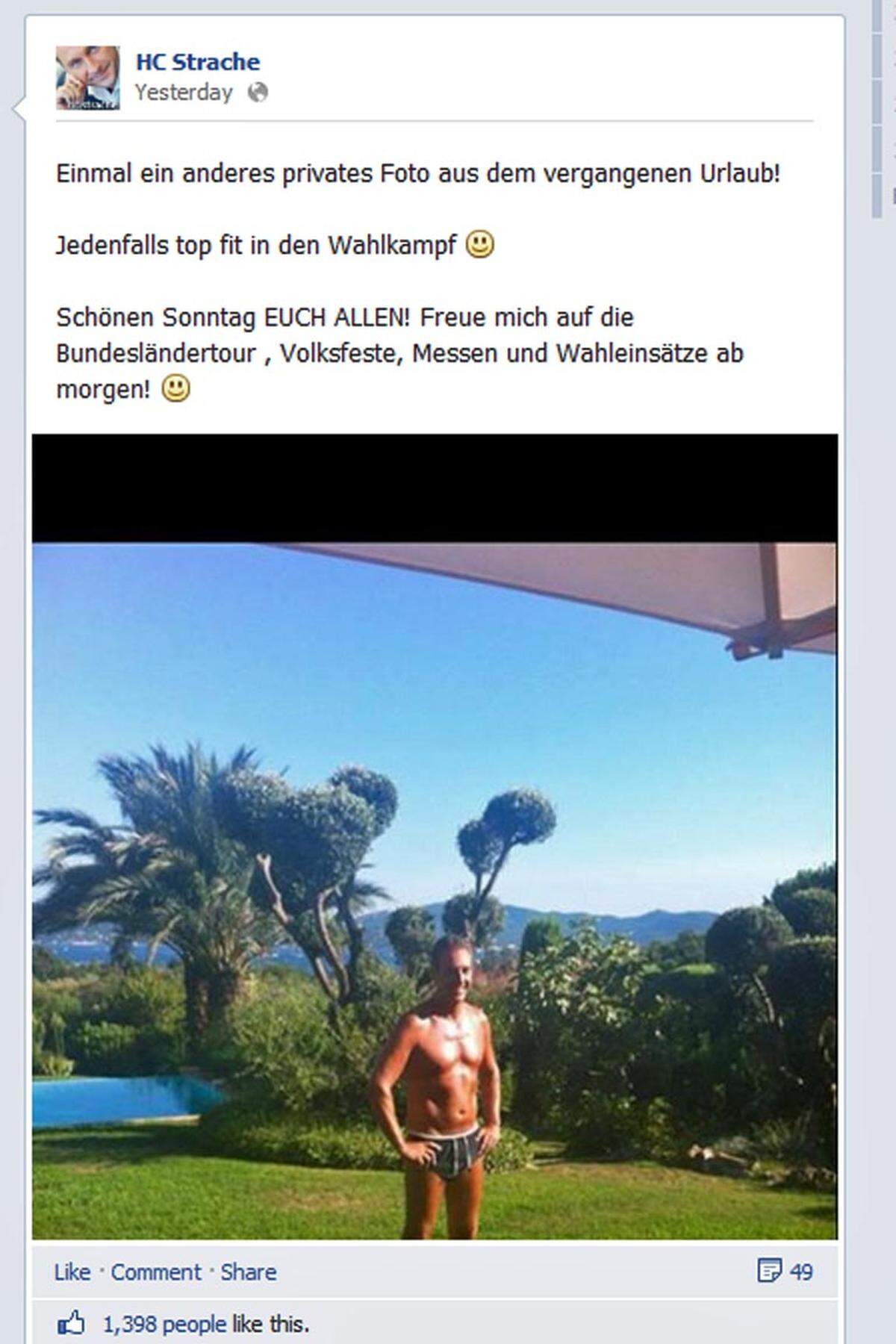 Noch persönlicher wird Strache auf Facebook (wo die Partei selbst erst gar nicht vertreten ist). Postings wie das jüngste Bild in Badehose bringen ihm insgesamt 137.096 Likes und den eindeutigen Spitzenplatz unter den Kandidaten. Dabei war Straches Account nach eigenen Angaben im Juni und Juli für insgesamt 38 Tage gesperrt - wegen kritischer Postings zum NSA-Skandal, wie er selbst vermutet. Auch auf Twitter ist Strache aktiv und mit 3.378 Followern derzeit knapp vor der SPÖ.