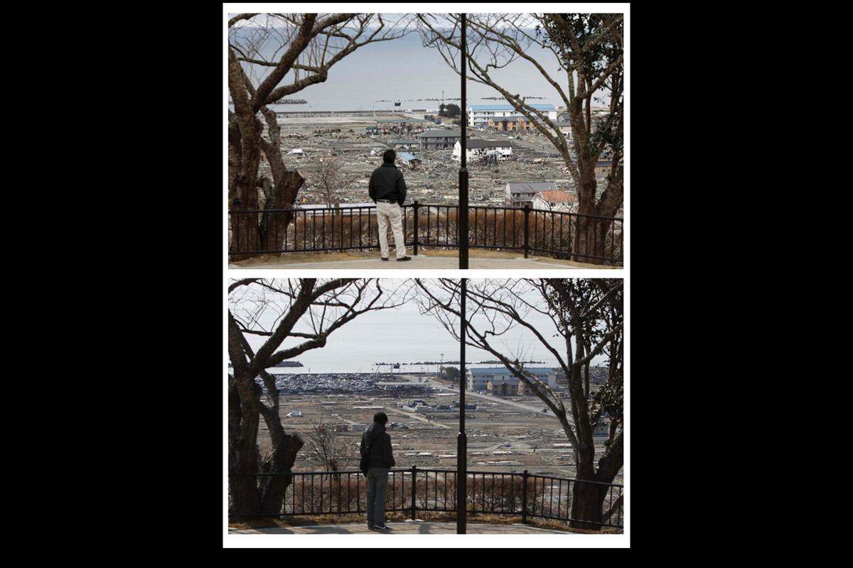 Ishinomaki am 4. April 2011 (oben) und heuer am 22. Februar.