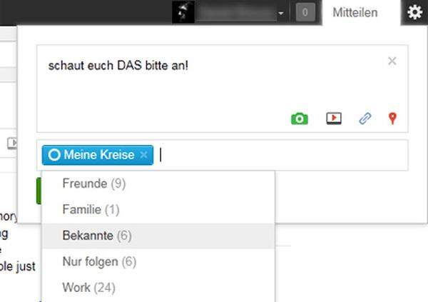 Sich mitteilen muss natürlich auch möglich sein. Aber wem? Google+ bietet in Kombination mit den Kreisen eine recht simple Lösung. Für jeden Beitrag kann man auswählen, wer ihn sehen darf. Hin und wieder passiert es, dass Beiträge von Freunden dermaßen stark kommentiert werden, dass andere Meldungen untergehen. In dem Fall kann man einen Eintrag "stummschalten", um sich auf andere konzentrieren zu können.