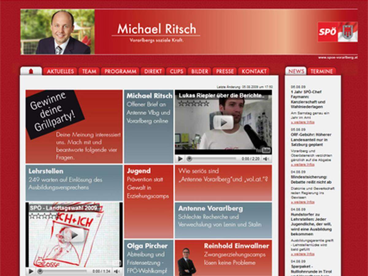Die SPÖ im Ländle fokussiert sich im Wahlkampf ganz auf ihren Spitzenkandidaten Michael Ritsch. Auf seiner Homepage - ganz im Design der Landespartei - gibt er sich bürgernah. Und für Feedback über seinen Webauftritt kann man sogar eine Grillparty gewinnen. Ob Ritsch diesem Fest selbst beiwohnen wird, war nicht eruierbar.