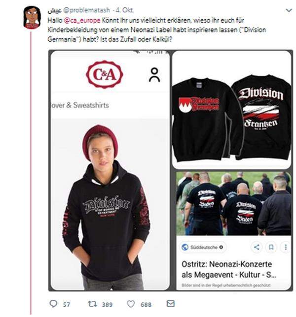 Dieser Pullover der Modekette C&amp;A erzürnte ebenfalls die Gemüter. "Division" stand in Frakturschrift auf dem Kleidungsstück, damit erinnert der Pullover stark an Nazimode. Denn "Division Germania" ist eine Rechtsrockband, deren Fans ähnliche Pullover tragen.  