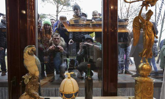 People look through windows of the Mezhyhirya residence of Ukraine´s President Yanukovich in the village Novi Petrivtsi