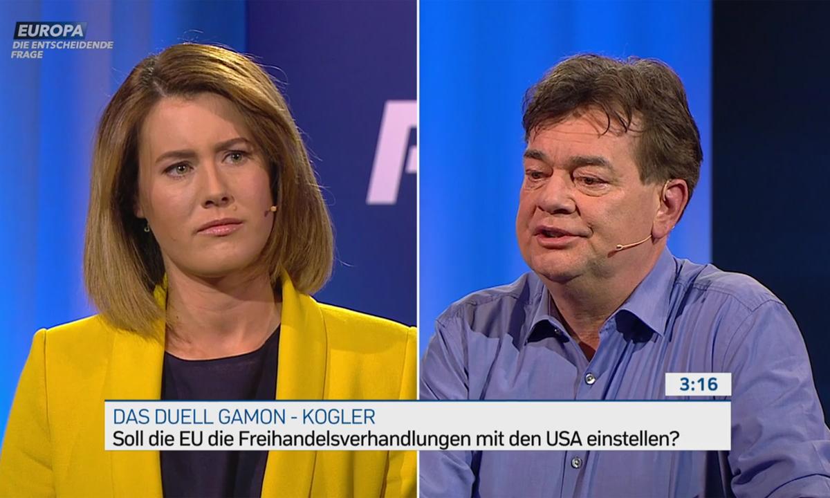 Claudia Gamon, rhetorisch den erfahrenen Politikern nicht unterlegen, warb in ihrem Duell gegen Werner Kogler für den Freihandel, um europäische Standards in die Welt zu exportieren. Der Grüne Kandidat trat auch für fairen Handel ein, wandte sich aber gegen Privilegien für Konzerne.