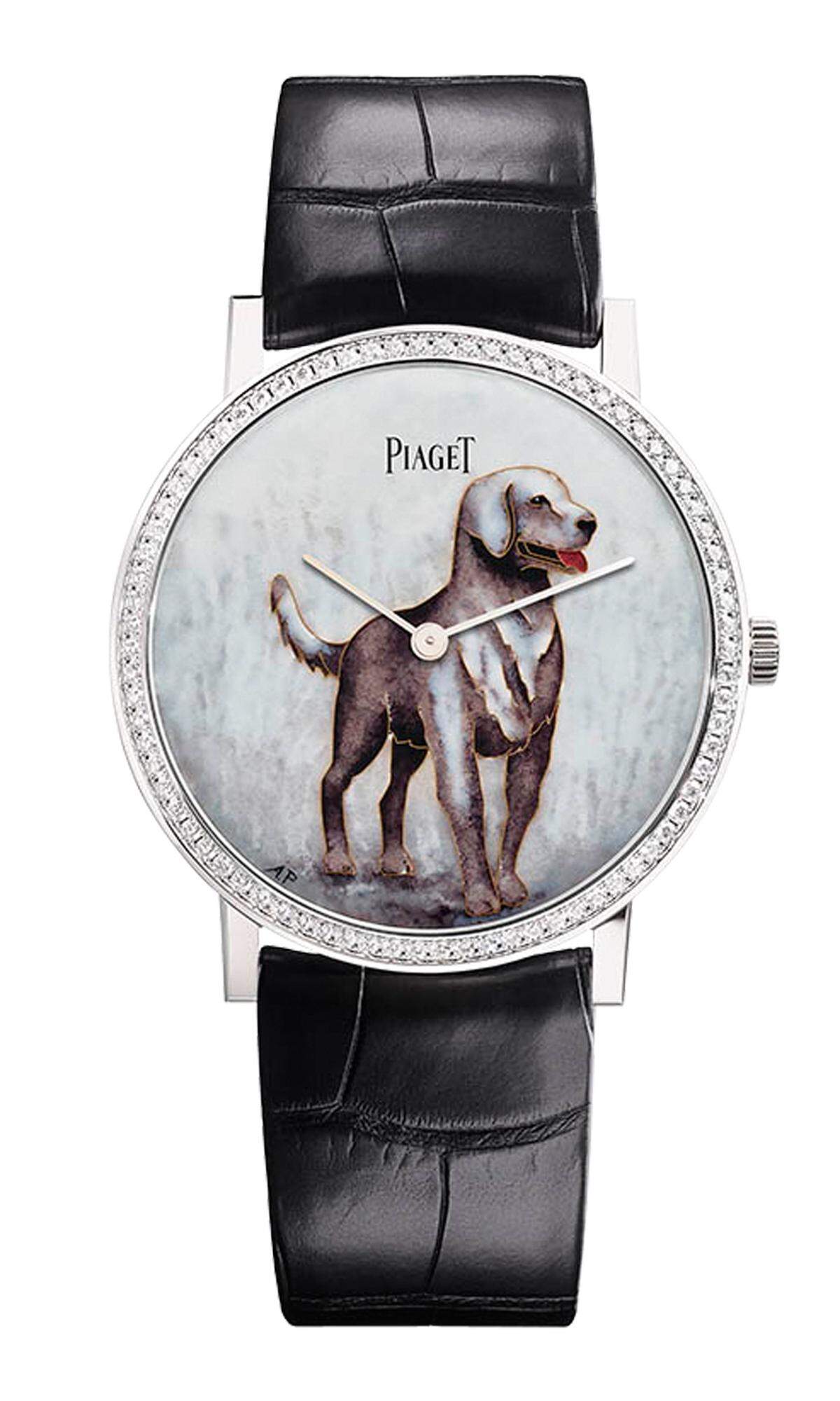 Piaget, „Altiplano Chinese Zodiac“: Mit einem handgefertigten Emaille-Meisterwerk von Anita Porchet begeht Piaget das Jahr des Hundes. Das Weißgoldgehäuse ist mit 78 Brillanten verziert, das Modell auf 38 Stück limitiert.