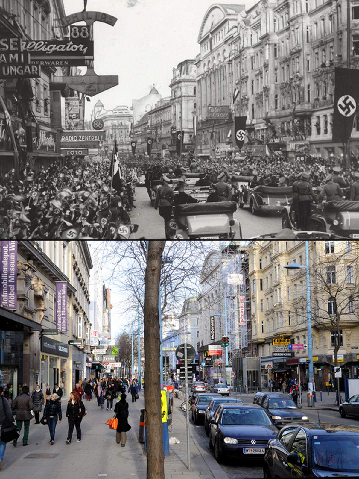 Zwei Tage nach dem "Anschluss": Hitler zieht in der Mariahilfer Straße ein - und der Ort des Geschehens heute.