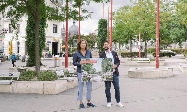 Stadträtin Ulli Sima und Bezirksvorsteher Markus Rumelhart bei der Präsentation des Julius-Tandler-Platzes neu.