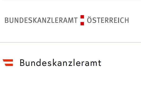 Die neuen Logos beinhalten eine rot-weiß-rote Flaggenabwandlung und einen Schriftzug. Beim Bundeskanzleramt fiel das Wort "Österreich" weg. Im Bild: oben das alte Logo, unten das neue Logo