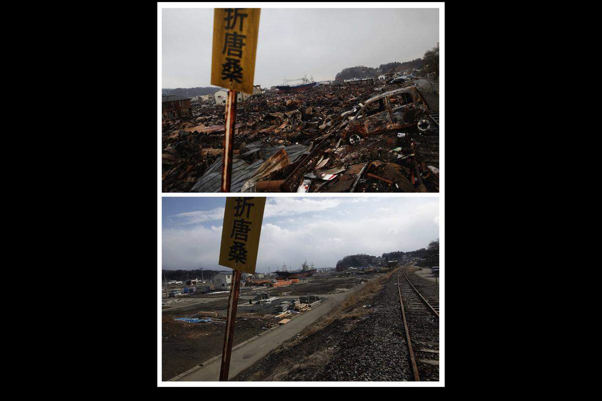 Kesennuma am 31. März 2011 (oben) und heuer am 19. Februar.