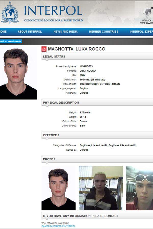 Seine Fahndungsfotos gingen um die ganze Welt: Luka Rocco Magnotta soll einen 33 Jahre alten Studenten getötet und zerstückelt haben. Ihm wird vorgeworfen, Teile der Leiche an kanadische politische Parteien geschickt zu haben. Der Mord soll am 24. oder 25. Mai passiert sein. Der Verwandlungskünstler lieferte sich mit der Polizei eine Verfolgungsjagd bis nach Berlin, wo er am 4. Juni festgenommen wurde.