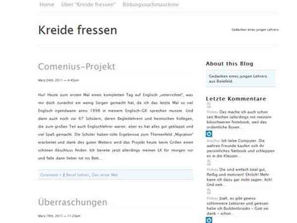 Kreide fressen - Gedanken eines jungen Lehrers: Der junge deutsche Lehrer Heiko Schneider bloggt seit seinem ersten Berufsjahr über seinen Schulalltag. Witzige Schreibe und immer wieder interessante Informationen. Mehr dazu: Lehrerblogs - Schule, direkt und ungeschönt. (beba)