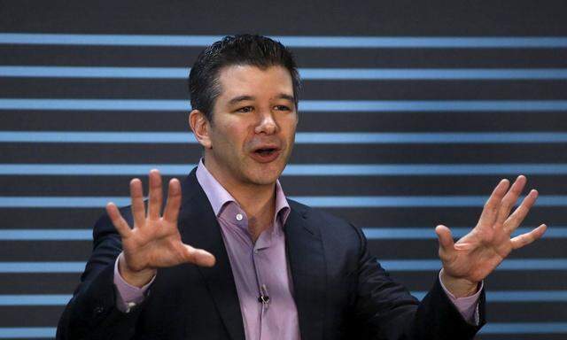 Uber CEO Travis Kalanick gestures as he delivers an address to employees and drivers, to mark the company's five year anniversary, in San Francisco
