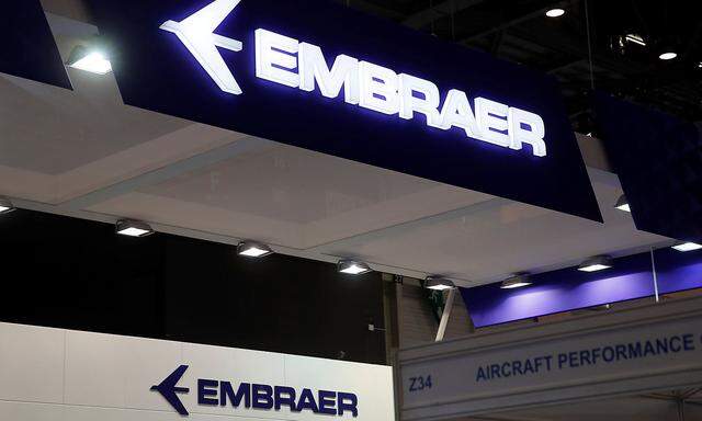Embraer logos are pictured during EBACE in Geneva