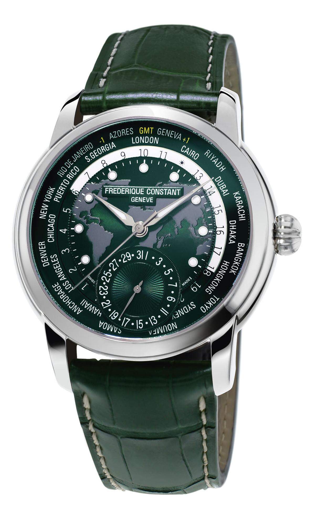 Frédéroqie Constant, "Classic Manufacture Worldtimer": Der Schweizer Uhrenhersteller erweitert seine Kollektion "Manufacture" um eine Weltzeituhr in einem neuen grünen Farbmuster.