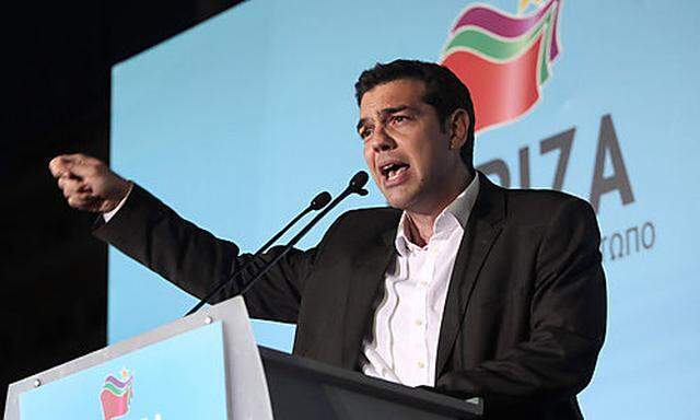 Greek leader of Coalition of the Radical Left party (SYRIZA) Alexis Tsipras delivers a speech to his 