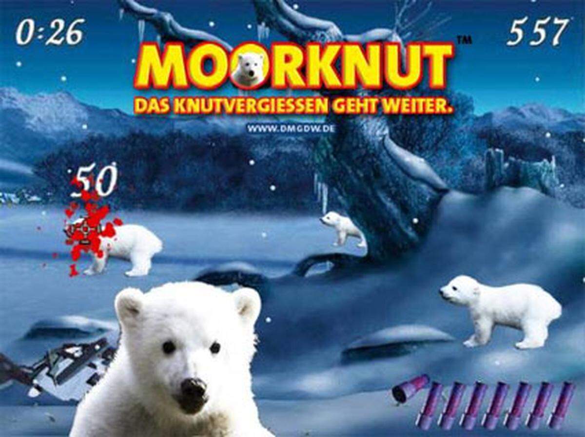 Und darauf wird man sicher nicht mehr lange warten müssen: Büro-Computerspiele mit Knut. Obwohl: Abschießen will den kleinen Bären ja wohl niemand. Lieber in den Berliner Zoo pilgern und Fotos schießen!Wir warten gespannt auf mehr.
