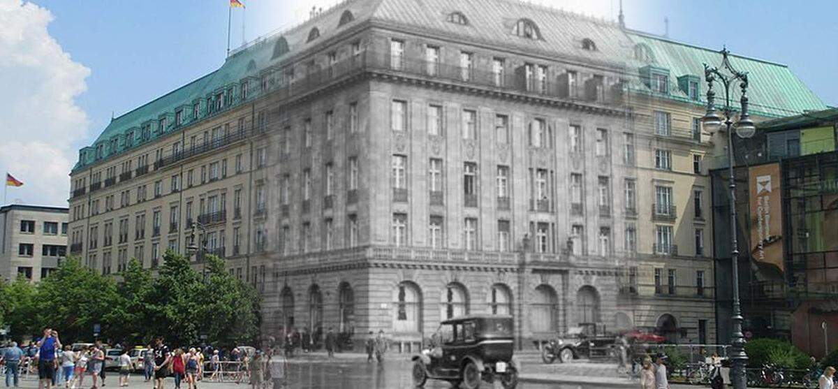 Im Fall des Potsdamer Platzes war eine korrekte Nachstellung nicht mehr möglich. Große Teile wurden im Zuge des Zweiten Weltkriegs zerstört. Das Hotel Adlon ist in Berlin eine Institution. Hier ein Bild aus dem Jahr 1926.