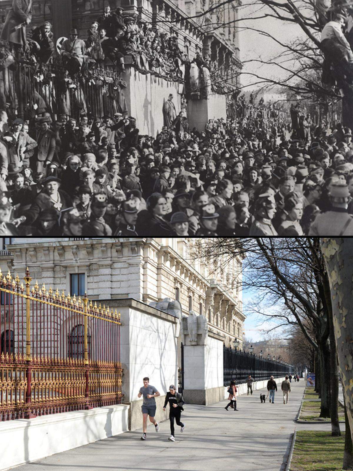 Drei Tage nach dem Anschluss 1938: Auf dem Burgring - vor der Neuen Burg - hat sich eine Menschenmenge versammelt, einige zeigen den Hitlergruß. Bild unten: Der Schauplatz heute.
