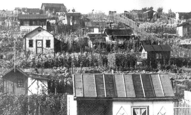 Die Kleingartensiedlung „Am Ameisbach“ im 14. Bezirk um 1915. Das Bild stammt aus Peter Autengrubers Buch „Die Wiener Kleingärten“. 