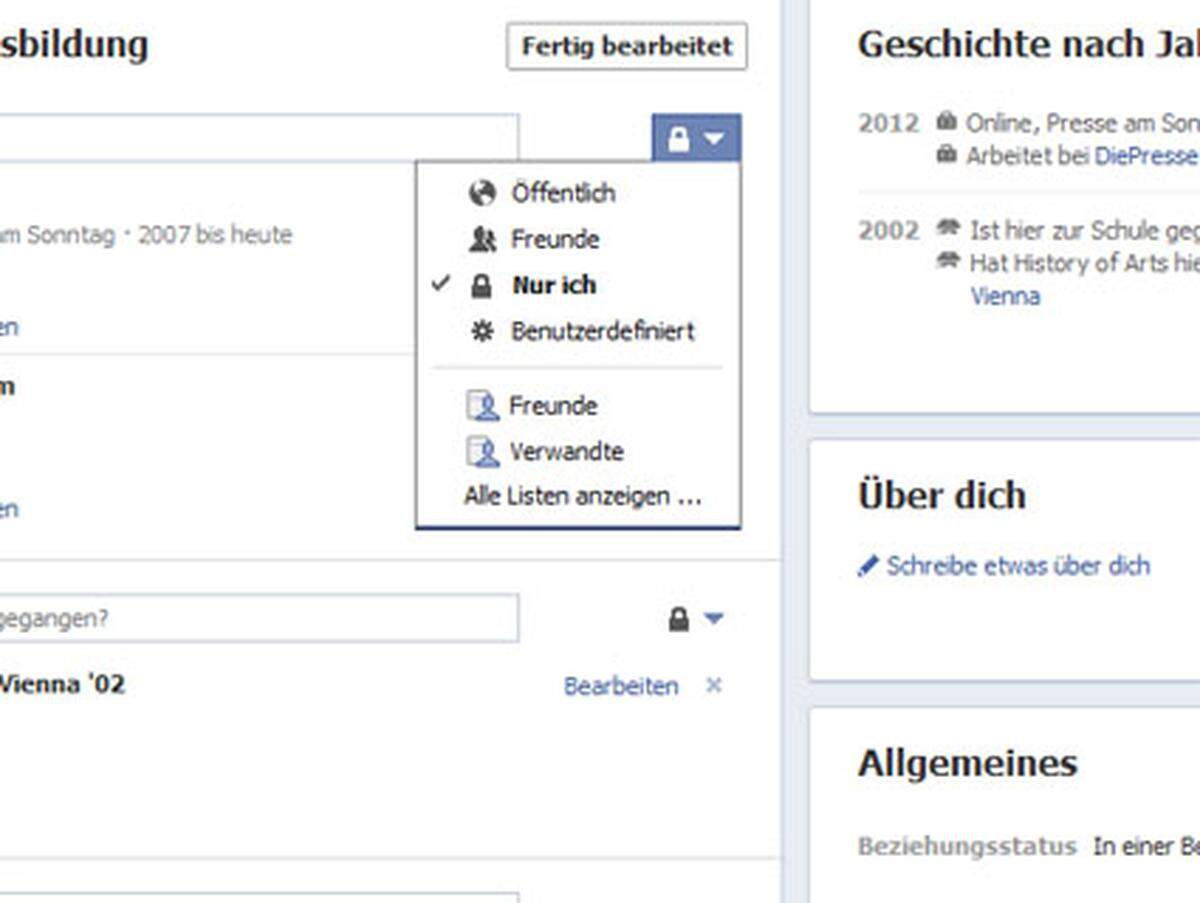 Nach demselben Prinzip können alle persönlichen Informationen einzeln für unterschiedliche Freunde sichtbar gemacht bzw. verborgen werden. Hier sollten so gut wie keine Einträge mit der Sichtbarkeit "Öffentlich" versehen werden, seit einiger Zeit bedeutet das nämlich nicht "sichtbar für alle Facebook-Mitglieder", sondern "sichtbar für alle Internetnutzer". Auch die Sichtbarkeit von Foto-Alben wird seit einiger Zeit direkt im Profil eingestellt.