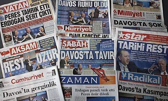 Front pages of some Turkish newspapers in Ankara, Turkey, Friday, Jan. 30, 2009, a day after Turkeyss