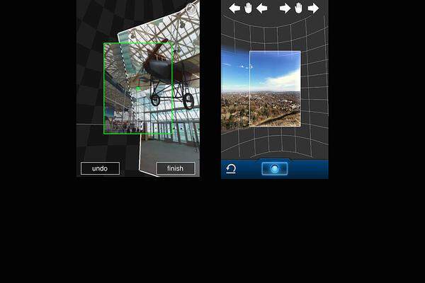 Eine der besten Apps für das iPhone kommt ausgerechnet von Microsoft. Photosynth (links) ermöglicht nahtlose 360-Grad-Panoramaaufnahmen, ohne dass der Nutzer immer den Anschluss an den vorhergehenden Bildausschnitt suchen muss. Für Android-Nutzer gab es lange nichts Vergleichbares. Das hat sich zwar mit der Veröffentlichung der 360-Panorama-App von Occipidal (rechts) geändert - leider aber kostet die Android-App im Unterschied zu Photosynth 79 Cent.