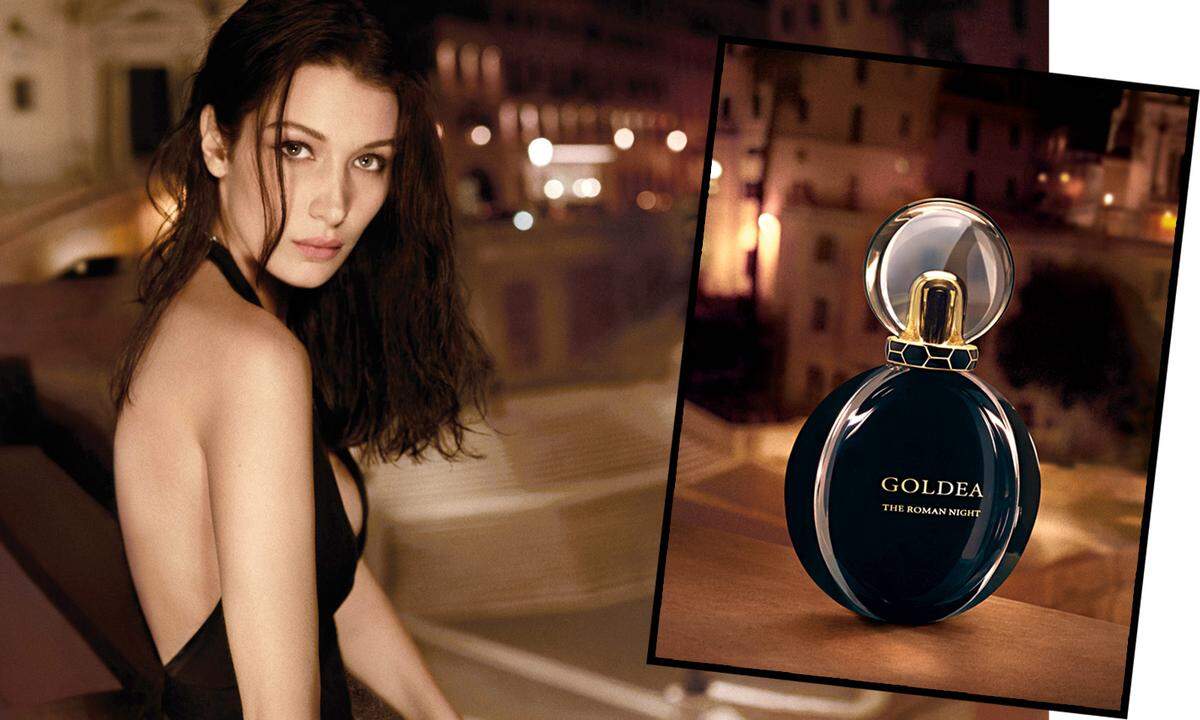 Topmodel Bella Hadid setzt den neuen Duft von Bulgari – „Goldea, The Roman Night“ – stimmungsvoll in der Ewigen Stadt Rom vor der Kamera Glen Luchfords in Szene.(62,95 Euro, 30 ml)