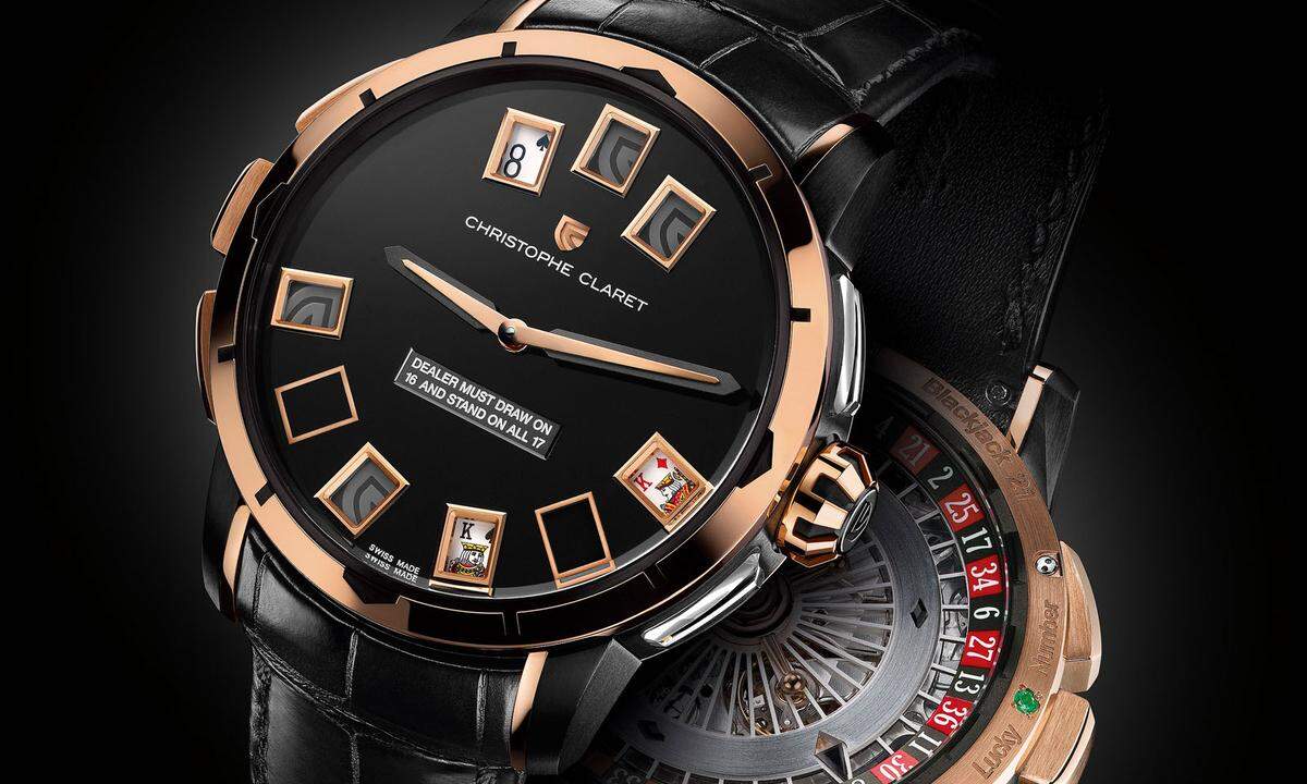 Christophe Claret „Blackjack". Bei „Glücksspieluhren" hat Christophe Claret gute Karten. Wie bei den Modellen „Poker" und „Baccara" hat die Manufaktur auch die „Blackjack" in ein kleines Spielcasino am Handgelenk verwandelt. Neben dem Kartenspiel 17 und vier, im Englischen Blackjack oder 21 genannt, kann mit dem Rotor Roulette gespielt werden. Und als Uhr lässt sich die „Blackjack" natürlich auch nutzen: Die Zeit wird von zwei schwarz-roten Zeigern angezeigt.