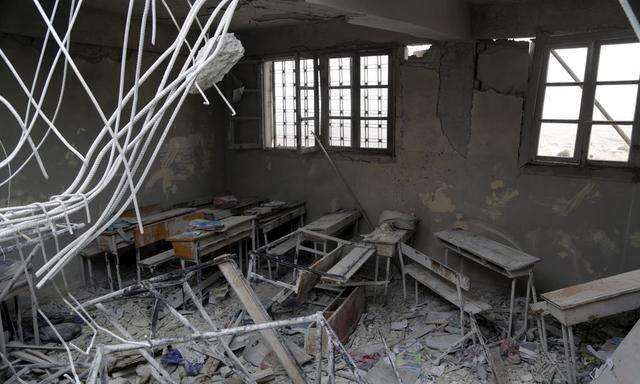 Damage is seen inside a school, due to what activists said was an air strike carried out yesterday by the Russian air force in Injara town, Aleppo countryside, Syria