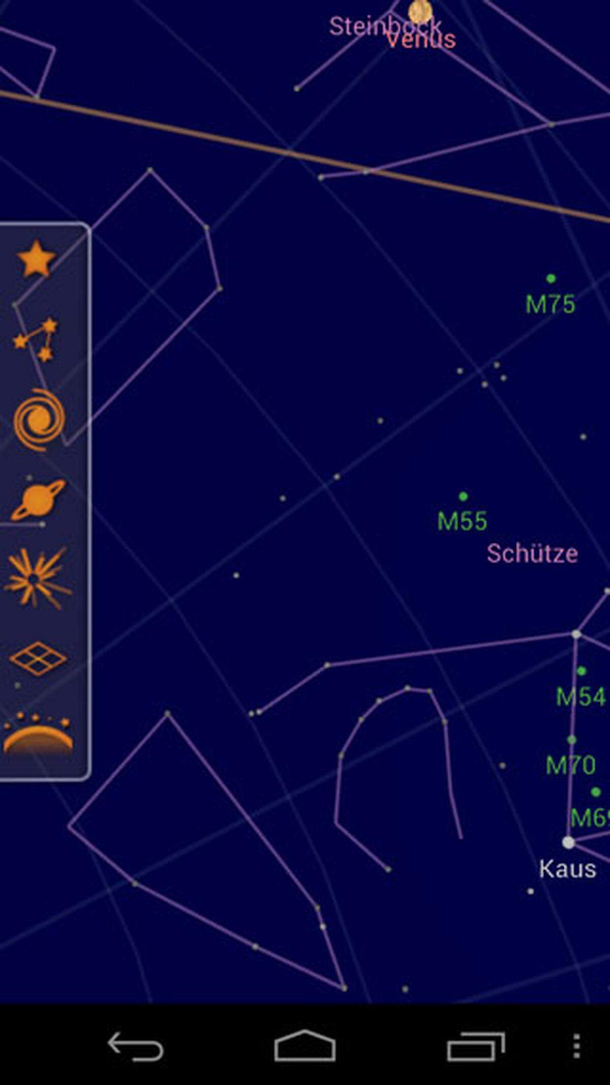 Google Earth ist zwar auch für das iPhone erhältlich, bei anderen Diensten ist das Google-System Android aber ganz klar bevorzugt: Sky Map lässt mit dem Smartphone den Sternenhimmel erkunden. Das Gerät kann einfach Richtung Himmel gehalten werden, um am Display zu sehen, welches Sternengebilde sich dort befindet. Als Alternative für das iPhone bietet sich P. M. Planetarium an.