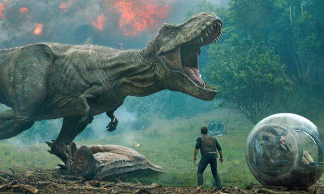Auch in „Jurassic World: Das gefallene Königreich“, der am Donnerstag im Kino startet, wütet Tyrannosaurus rex (hier trampelt ein weibliches Exemplar auf einen Carnotaurus).