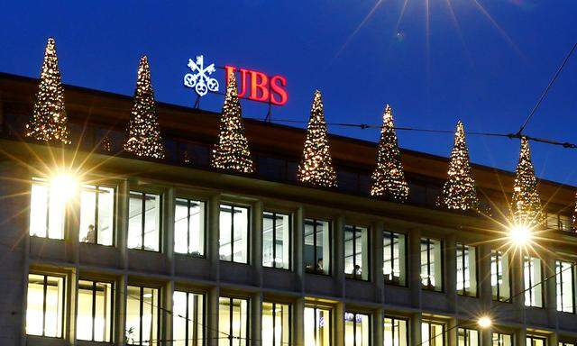 Christmas decorations are seen at the building of Swiss bank UBS in Zurich