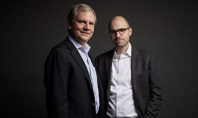 Arthur Gregg (A.G.) Sulzberger and his father Arthur Ochs Sulzberger Jr. on the 16th floor of the New York Times building in New York