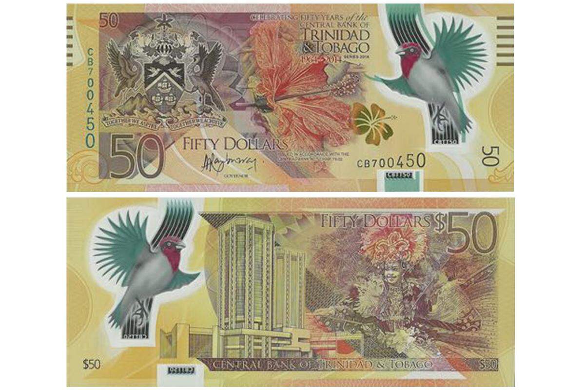 Auf der Banknote aus dem karibischen Inselstaat Trinidad und Tobago zeigt einen Kardinalvogel und eine Hibiskusblüte. Auf der anderen Seite sind eine Karnevalsmaske und das Zentralbankgebäude des Landes zu sehen.