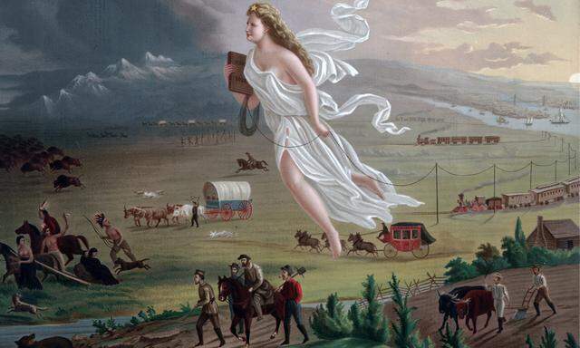Das Gemälde „American Progress“ von John Gast transportiert Mythen, die bis heute das Selbstverständnis der US-Amerikaner prägen. Sie wurden in dem Wild-West-Computerspiel „Red Dead Redemption“ wieder aufgegriffen.