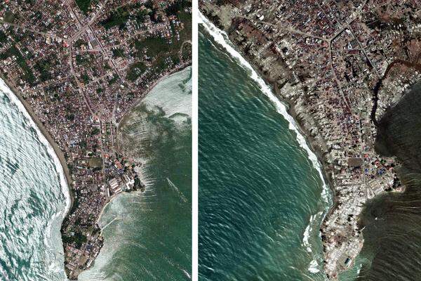 Am 26. Dezember 2004 tötet der Tsunami im Indischen Ozean mehr als 250.000 Menschen und verwüstet die Küstenregionen. Bilder von damals und nach dem Wiederaufbau.Im Bild: Die Küste Meulaboh in Aceh am 18. Mai 2004 und am 7. Jänner 2005.