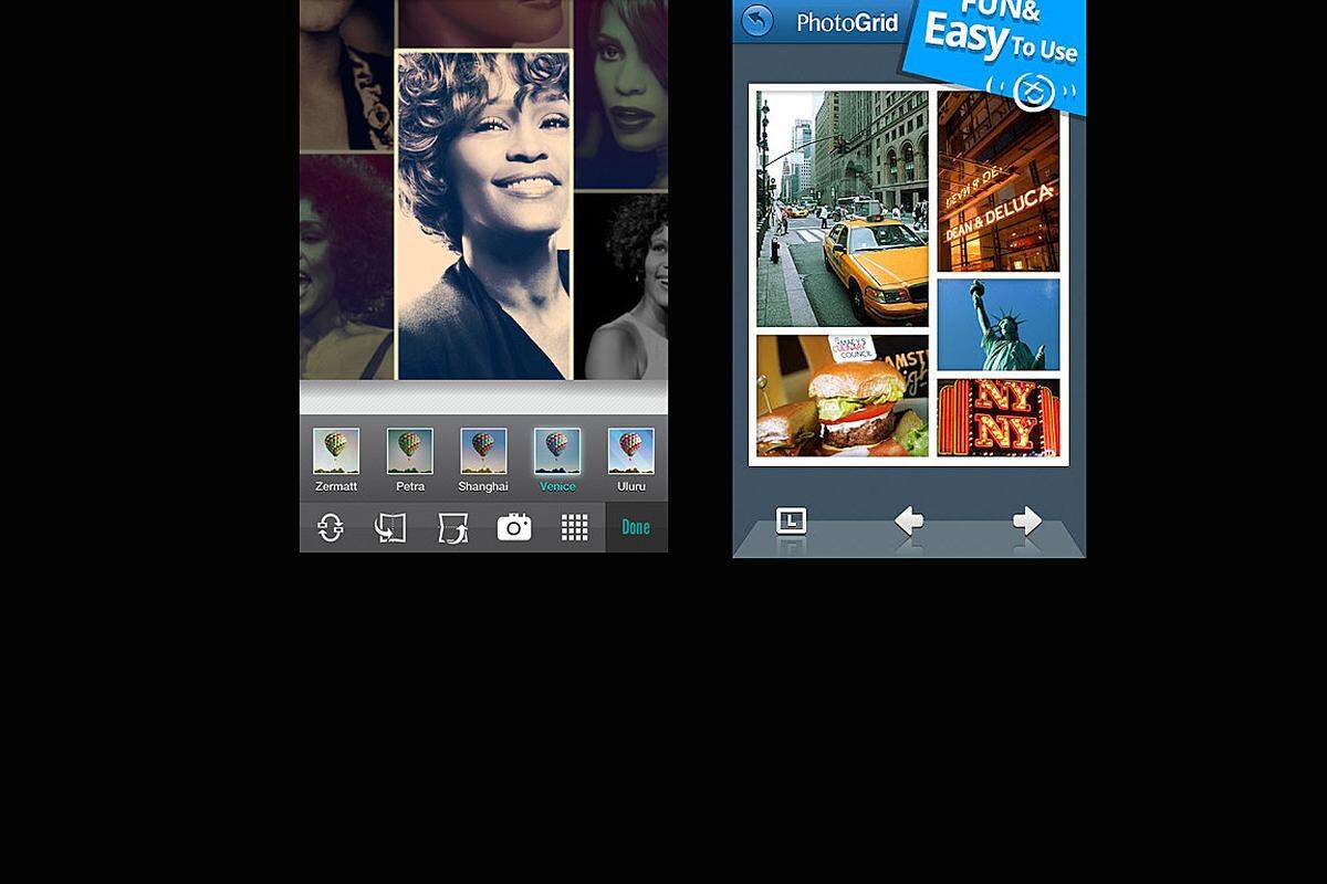 Fuzel (links) ermöglicht am iPhone ausgefeilte Foto-Kollagen, wobei jedes einzelne beteiligte Bild mit einem unterschiedlichen Filter verändert werden kann. Android-Nutzer schauen hier leider durch die Finger. Zwar sind Apps wie Photo Grid (rechts) kostenlos, damit lassen sich aber eher klassische Postkartenlayouts mit mehr oder weniger gewöhnungsbedürftigen Rahmen erstellen.