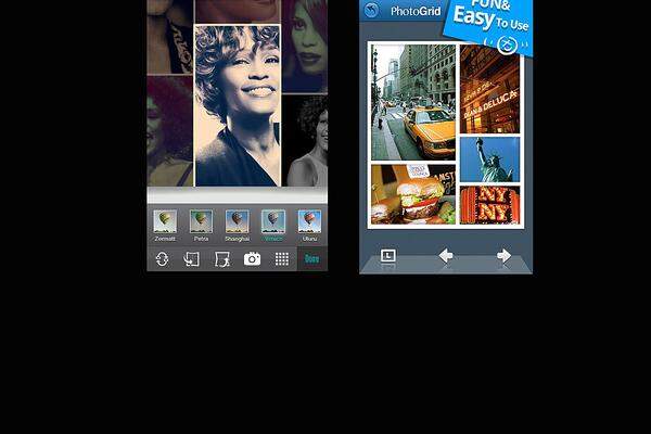Fuzel (links) ermöglicht am iPhone ausgefeilte Foto-Kollagen, wobei jedes einzelne beteiligte Bild mit einem unterschiedlichen Filter verändert werden kann. Android-Nutzer schauen hier leider durch die Finger. Zwar sind Apps wie Photo Grid (rechts) kostenlos, damit lassen sich aber eher klassische Postkartenlayouts mit mehr oder weniger gewöhnungsbedürftigen Rahmen erstellen.