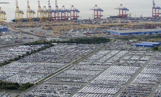 File photo of cars for export standing in shipping terminal at harbour in  Bremerhaven