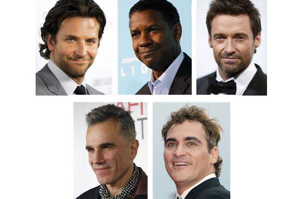 von links oben im Uhrzeigersinn * Bradley Cooper - "Silver Linings" * Denzel Washington - "Flight"  * Hugh Jackman - "Les Misérables" * Daniel Day-Lewis - "Lincoln"  * Joaquin Phoenix - "The Master"