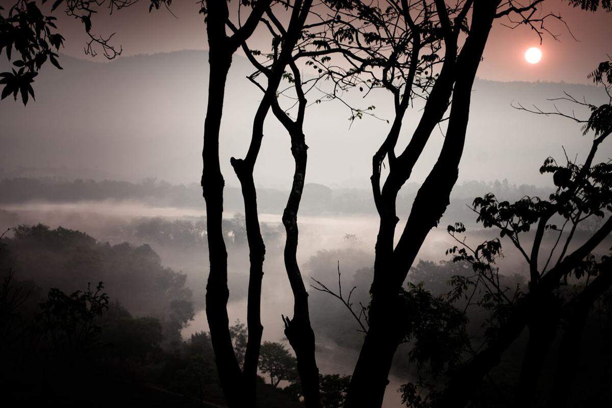 Das Tröten der sanften Riesen ersetzt den Wake-up Call. Morgendlicher Weitblick vom Hotel Anantara nach Burma und Laos.