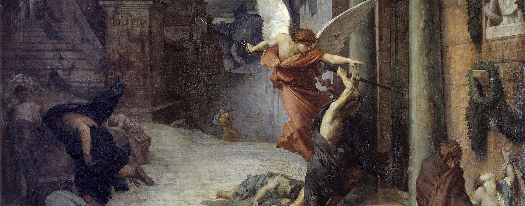 Niemand entgeht der großen Plage, die Armen ohnehin nicht, aber auch nicht die Reichen in ihren Palästen. Eine allegorische Darstellung im antiken Ambiente von Jules-Élie Delaunay (1869).