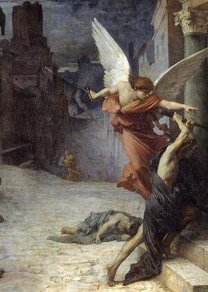 Niemand entgeht der großen Plage, die Armen ohnehin nicht, aber auch nicht die Reichen in ihren Palästen. Eine allegorische Darstellung im antiken Ambiente von Jules-Élie Delaunay (1869).