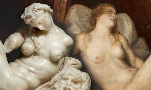 Montage eines Zweikampfs auf Augenhöhe: Skulptur (Michelangelos „Allegorie der Nacht“) versus Malerei – Tizian erotisierte in seiner „Danae“ die Figur des Kollegen.