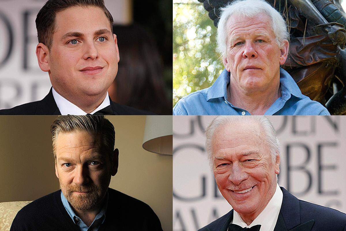 .. Jonah Hill ("Moneyball", oben links), Kenneth Branagh ("My Week with Marilyn", unten links) und Nick Nolte (oben rechts) für den Boxer-Film "Warrior". Die größte Chance hat aber wohl Christopher Plummer (unten rechts): Er spielt in "Beginners" einen Mann, der sich nach dem Tod seiner Frau als schwul outet und holte sich einen Golden Globe