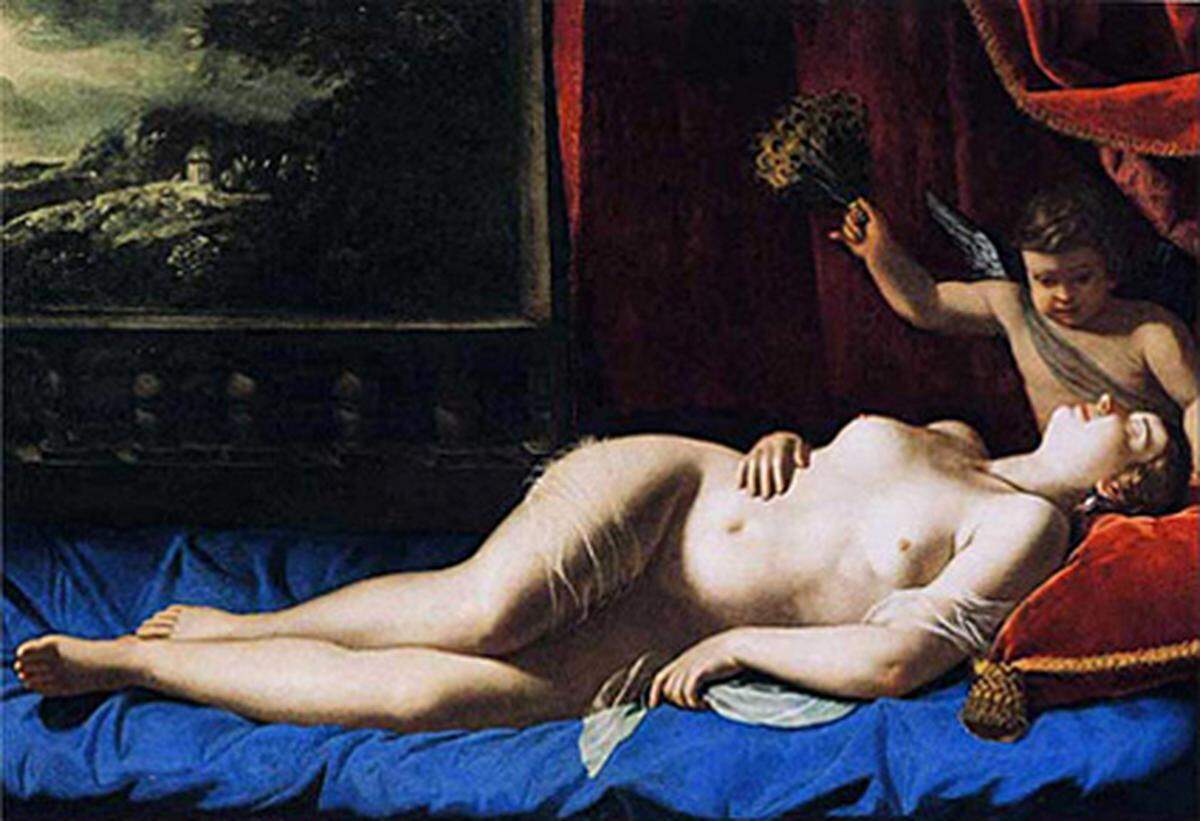 Das Ergebnis ist verstörend: Die Venus-Figuren wirken teils sogar anorektisch dünn. Wobei: Für die Laufstege wären die gemalten Frauen wohl trotz Verschlankung noch immer "zu dick".  Artemisia Gentileschi (1593 - 1653): "Venus in Umarmung mit Cupido", ca. 1635