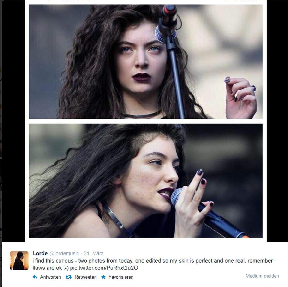 Kein Fan von Photoshop ist Sängerin Lorde. Sie twitterte vor Kurzem: "Ich finde das merkwürdig - zwei Fotos von heute, bei einem wurde meine Haut perfekt bearbeitet, das andere ist echt. Merkt euch, Makel sind ok."